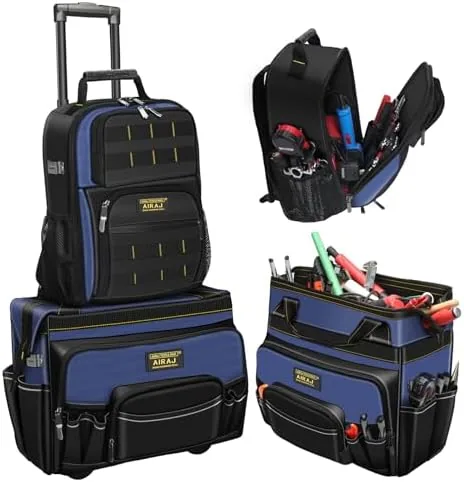 airaj 21 rolling tool bag with wheels 18 tool backpack set adjustable telescoping handle waterproof tool bag tool backpack heavy duty 1680d oxford cloth usb charging port 55 pockets